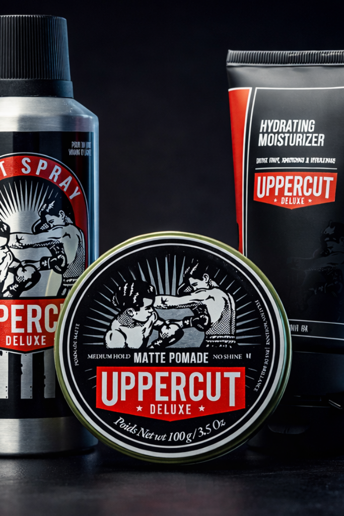 Uppercut Deluxe grooming products including a can, bottle, and jar on a dark background